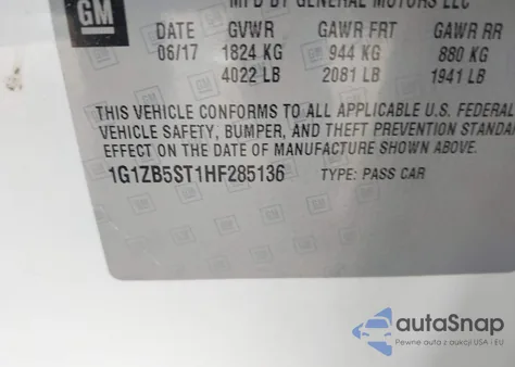 2017 Chevrolet Malibu Ls z USA, uszkodzony, nr VIN 1G1ZB5ST1HF285136